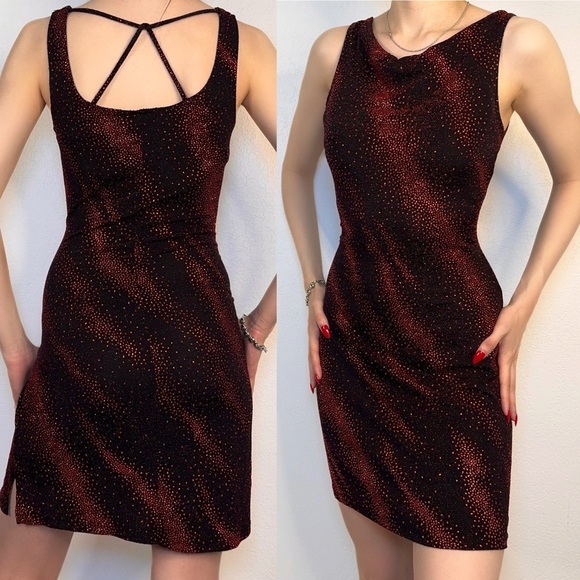 Vintage 90s Glitter Mini Dress Black Red Sparkle Strappy Back Rocket Candy Party - Picture 1 of 7